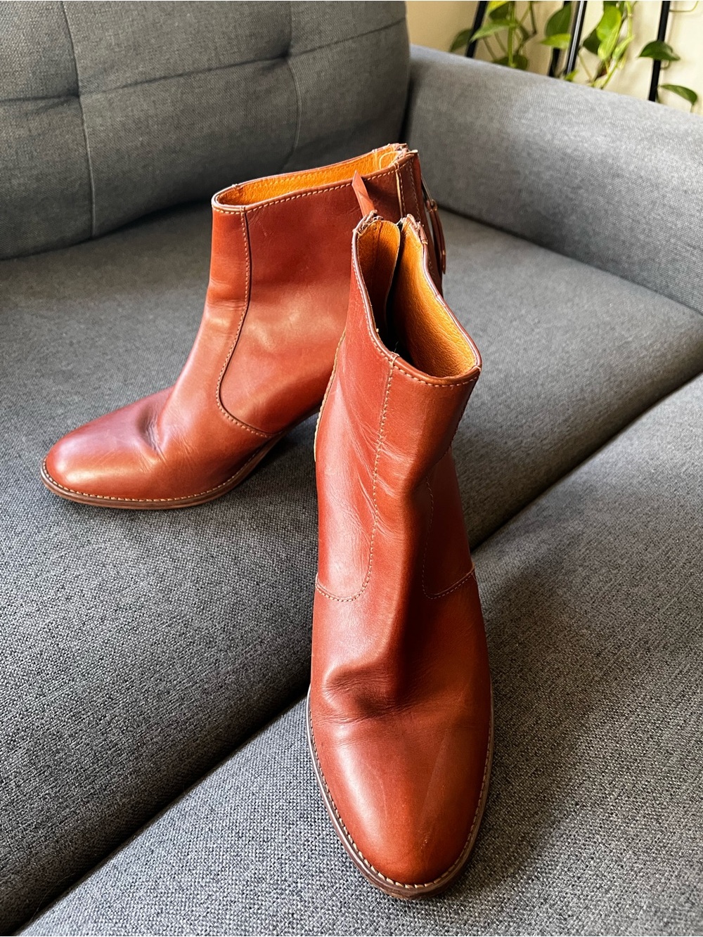 Madewell The Ames Cognac Leather Back Zip Ankle Boots Bootie Stacked Sz 8 Women